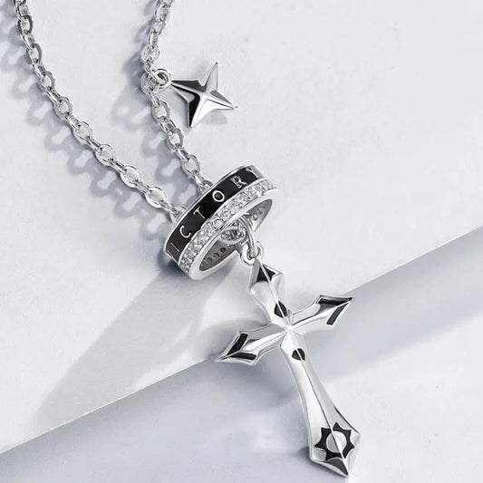 18k Gold Cross Ring Pendant Necklace - Luxury High-end All Silver Cross Pendant Black Enamel Male Adults
