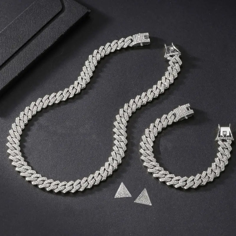 18k Gold Cuban Chain Diamond Necklace Earring Set | Luxury Jewellery All Silver-toned Fully Pave-set Cuban Link Female