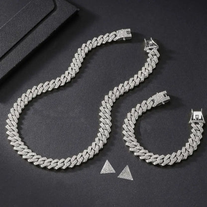 18k Gold Cuban Chain Diamond Necklace Earring Set | Luxury Jewellery All Silver-toned Fully Pave-set Cuban Link Female