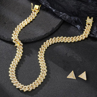 18k Gold Cuban Chain Diamond Necklace Earring Set | Luxury Jewellery All Gold-toned Diamond-studded Chain Necklace