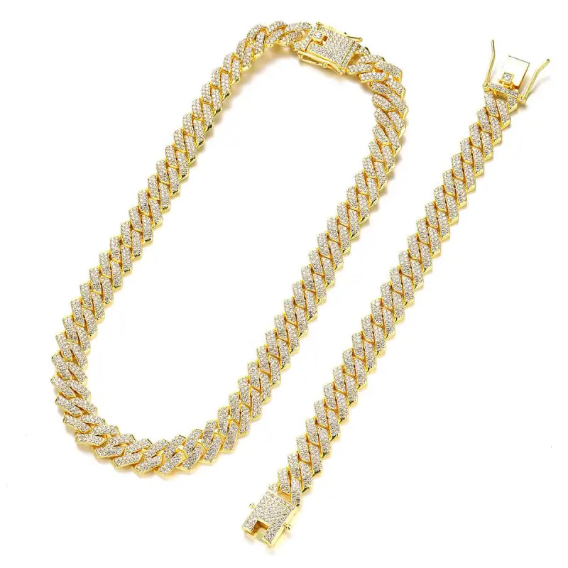 18k Gold Cuban Chain Diamond Necklace Earring Set | Luxury Jewellery All Gold-colored Cuban Link Chain Necklace Female