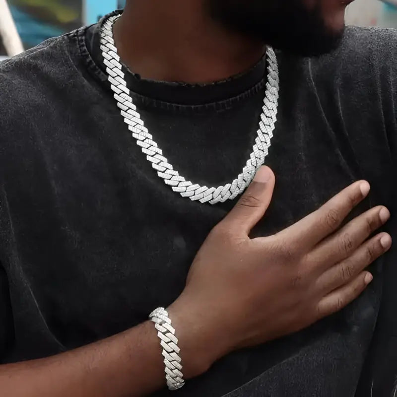 18k Gold Cuban Chain Diamond Necklace Earring Set | Luxury Jewellery All Silver-toned Heavily Diamond-encrusted Cuban
