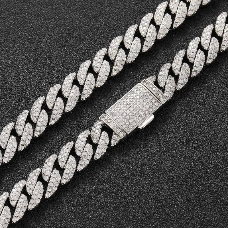 18k Gold Cuban Chain Diamond Necklace Bracelet Set All Silver Chain Necklace Diamond-encrusted Curb Male Adults