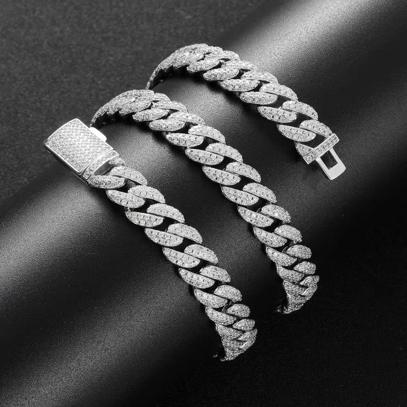 18k Gold Cuban Chain Diamond Necklace Bracelet Set All Silver-toned Cuban Link Bracelet Adorned Male Adults