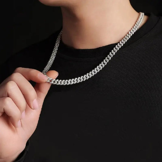 18k Gold Cuban Chain Necklace - Bold Diamond Statement All Silver-toned Diamond-encrusted Cuban Link Necklace Male