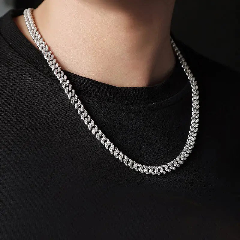 18k Gold Cuban Chain Necklace - Bold Diamond Statement All Silver-toned Heavily Embellished Cuban Link Male Adults