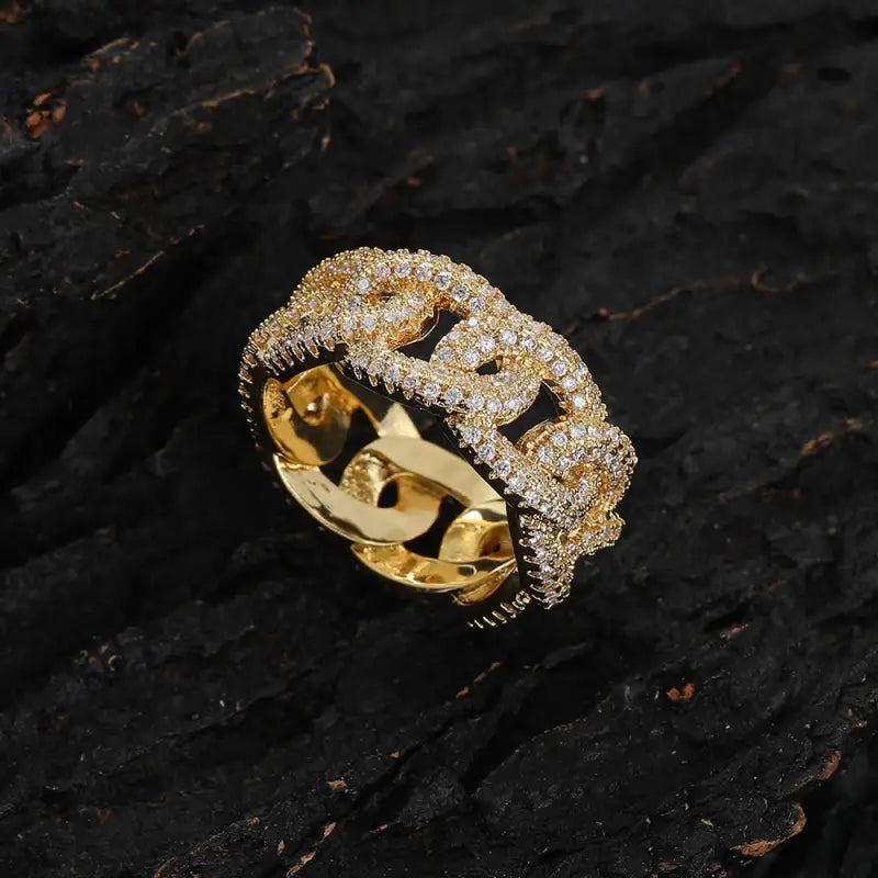 18k Gold Cuban Chain Ring with Zircon - Luxury Link All Gold Chain-link Ring Adorned Clear Female Adults