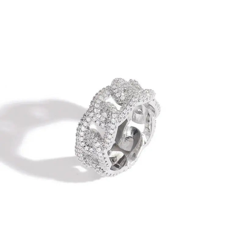 18k Gold Cuban Chain Ring with Zircon - Luxury Link All Silver Band Ring Adorned Intricate Female Adults