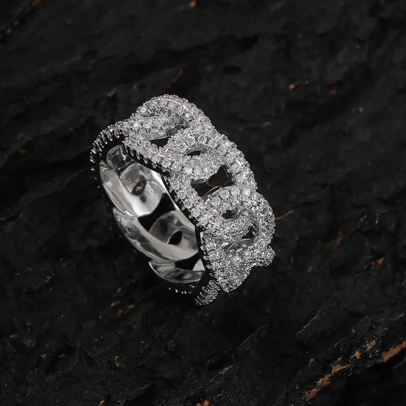 18k Gold Cuban Chain Ring with Zircon - Luxury Link All Silver Ring Intricate Wide Band Female Adults
