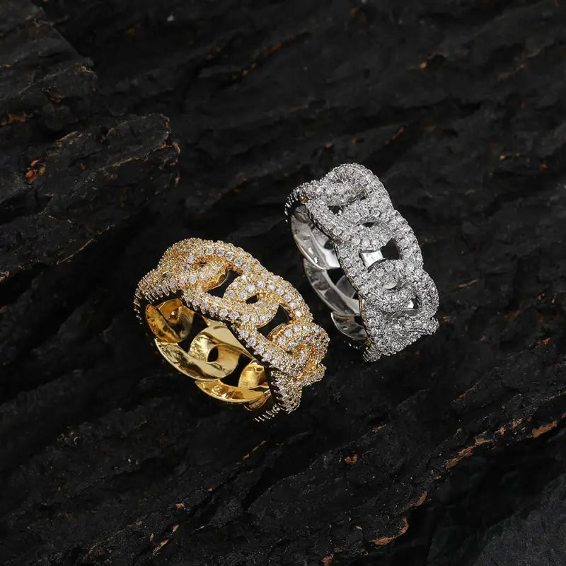 18k Gold Cuban Chain Ring with Zircon - Luxury Link All Two Chain-link Rings Gold-tone Silver-tone Female Adults