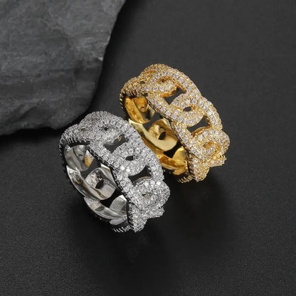 18k Gold Cuban Chain Ring with Zircon - Luxury Link All Two Diamond-encrusted Chain-link Rings Gold Female Adults