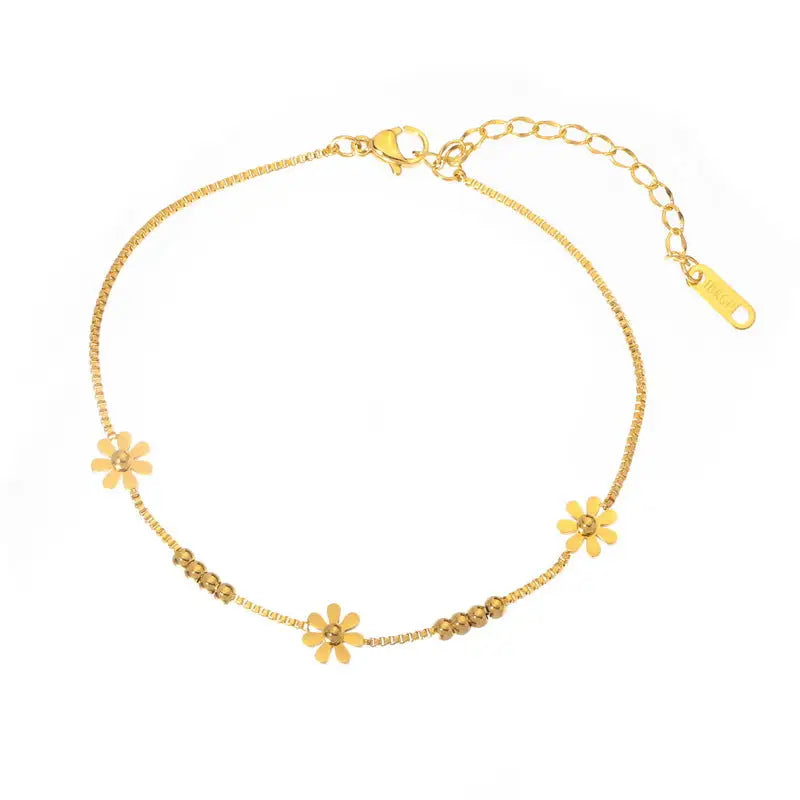 18k Gold Daisy Anklet - Sweet Flower Design Ankle All Gold-toned Ankle Bracelet Three Delicate Female Adults