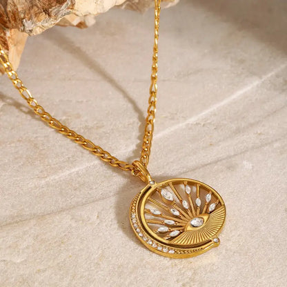 18k Gold Devil’s Eye Diamond Necklace - Protective All Gold-toned Pendant Necklace Circular Fan-shaped Female Adults
