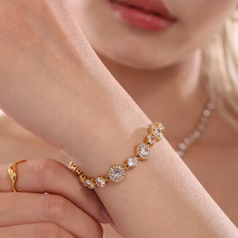 18k Gold Diamond Bracelet - Luxury Triple Circle All Gold-toned Bracelet Series Round Clear Female Adults