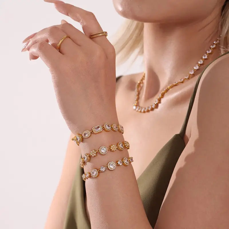 18k Gold Diamond Bracelet - Luxury Triple Circle All Gold-toned Bracelet Set Three Stacked Female Adults