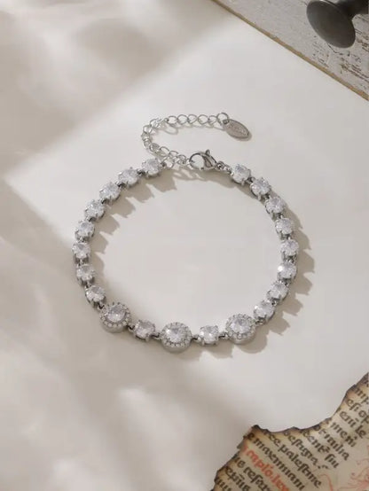 18k Gold Diamond Bracelet - Luxury Triple Circle All Silver-toned Bracelet Row Clear Faceted Female Adults