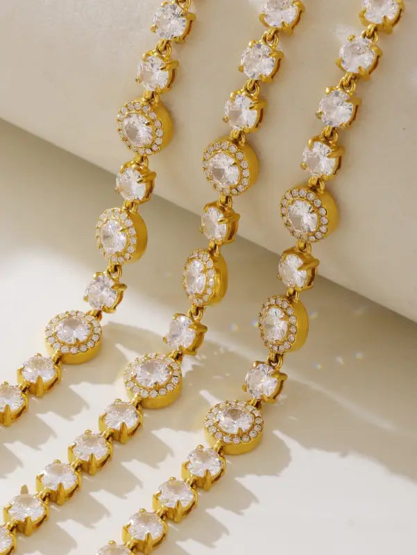 18k Gold Diamond Bracelet - Luxury Triple Circle All Gold-toned Necklace Row Clear Faceted Female Adults