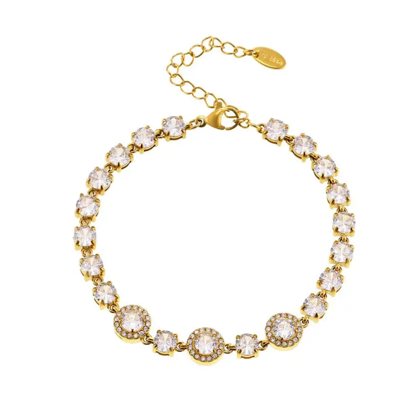 18k Gold Diamond Bracelet - Luxury Triple Circle All Gold-toned Bracelet Row Clear Faceted Female Adults