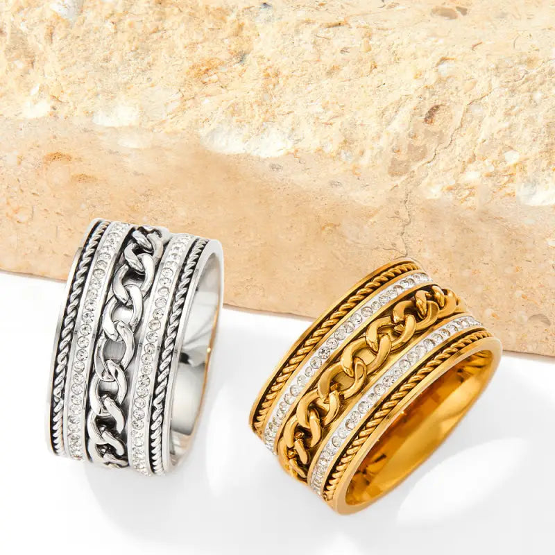 18K Gold Plated Double-Row Diamond-Set Ring With Twist Chain Design - ALL
