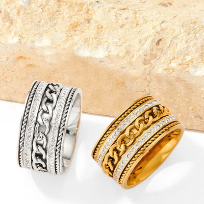 18K Gold Plated Double-Row Diamond-Set Ring With Twist Chain Design - ALL