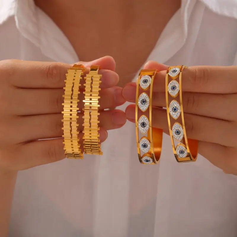 18k Gold Diamond Bracelet - Luxury Bangle All Gold Bangles Set Eye Motif Female Adults