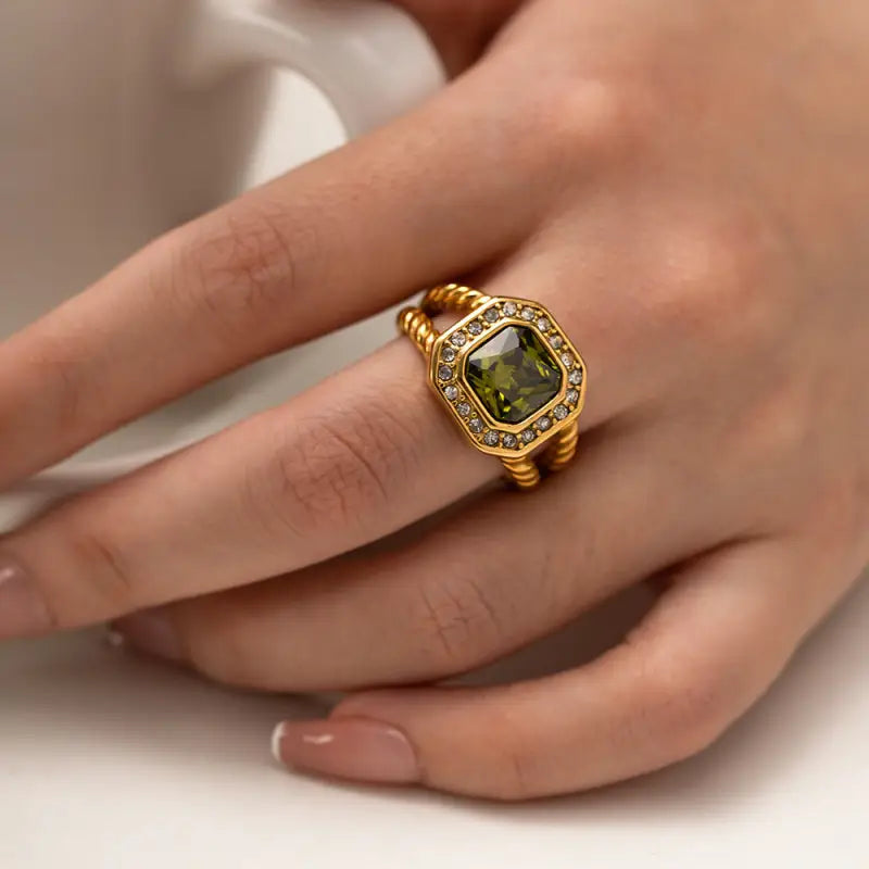 18K gold octagonal zircon twist ring with double‑layer minimalist design for women