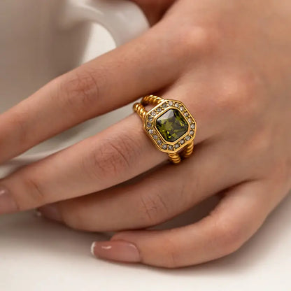 18K gold octagonal zircon twist ring with double‑layer minimalist design for women