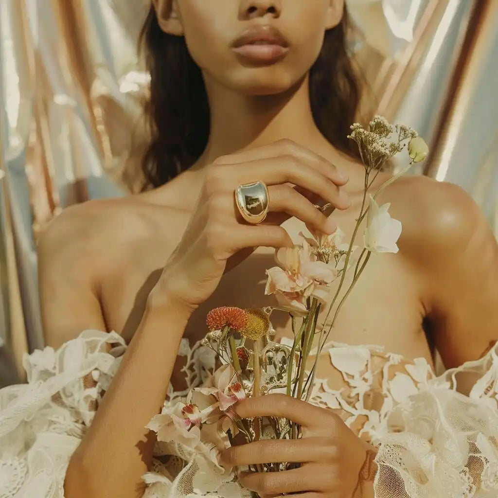 Woman holding flowers wearing a gold ring.